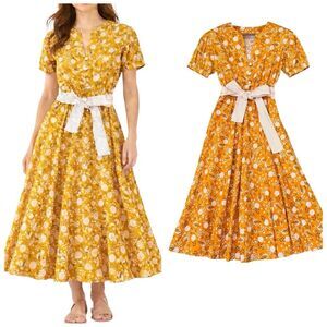 Mustard Yellow Floral Midi Dress Boho Cottagecore A-Line Elastic Waist Tie Belt